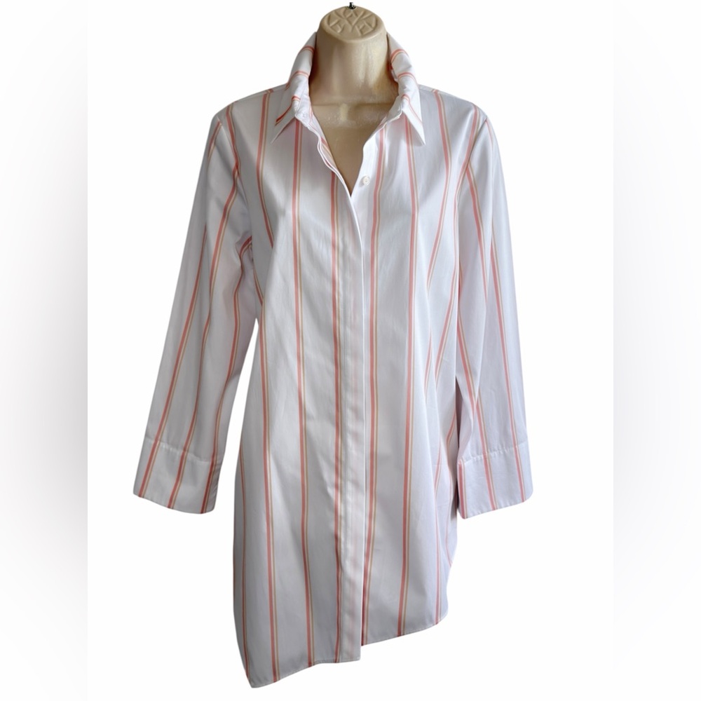 Lafayette 148 White Peach Striped Button Up Shirt Asymmetrical Hem Size M - Picture 2 of 16